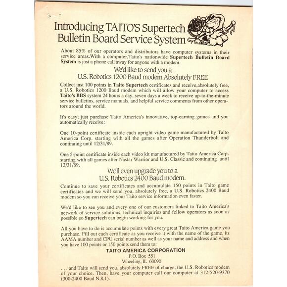 1980s Taito Supertech Bulletin Board Service System Flyer Vintage Arcade Promo - Picture 1 of 2